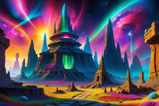 A cosmic landscape scene of an alien world with vivid rich colors and ancient alien temple ruins, colorful world, crazy auroras in star filled sky, skeletal spires spiraling, psychedelic colorscape, cosmic creatures, best quality, perfect detail, vivid color saturation, masterpiece, absurdres, Psychedelic alien worlds, sprawling cosmic colorscapes ,Psychedelic alien worlds ,Sprawling cosmic colorscapes 