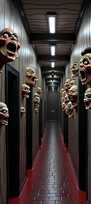 A horrifying seemingly endless dark hallway, surreal, strange, scary, the walls are lined with crazy heads mounted everywhere, all screaming and yelling at viewer, like something out of a bad dream nightmare made real, unsettling unnerving unnatural anxiety inducing cerebral horror, maddening terror surreal Precisionism, so many strange heads all screaming at once 