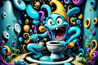 a secret comical outlandish wacky weird whimsical horrifying nightmarish wonderland exists underneath your toilet, a magical enchanted potty toilet bathroom themed psychedelic underground world, fantastical exaggerated excessive elaborate eccentric trippy toilet cartoon toon world, multitudes tons hundreds thousands of various toilet potty themed little goofy strange critters and mean looking tough tiny monster guys and hundreds of creatures with toilet bathroom physical features, crowded composition, the entire goofy wild underground toilet town is ultra psychedelic vivid colored crazy cartoon excessive exaggerated outlandish over the top style with influence from things such as the mask, the maxx, the tick, jim henson creature workshop, tim burton animation, Digimon, toxic crusaders, street sharks, aeon flux, kablam!, and ahh real monsters, all in the most ultra-detailed psychedelic insanity InsaniToon art style, ultra-detailed, absurdres, best quality, hypersurrealism, comical goofy whimsical funny wacky weird creepy quirky strange unsettling unnerving hilarious stupid toilet cartoon wonderland, through the drain pipe follow the yellow critter down swirl around and around until you end up in flushworld under the ground a psychedelic place thats oh so profound!, InsaniToon art style, Psychedelic Insanity style, psychedelic sprawling potty cosmic toilet colorscape