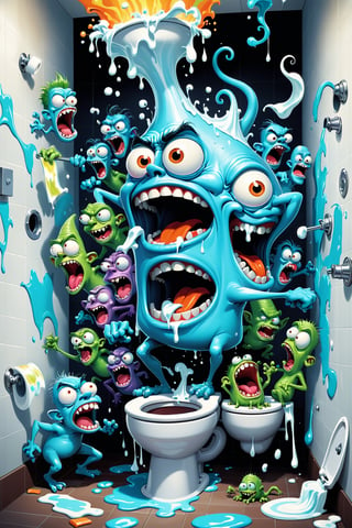 An outlandish whimsical crazy psychedelic insanity insane cartoon comical style image of a bunch of hilarious goofy silly stupid funny little ghoulish goblinesque bizarre little characters in a bathroom toilet potty theme scene, all these multitudes of wacky little monsters and wild little creatures are going completely bonkers flailing around screaming jumping smashing breaking stuff, unrolling all the toilet paper, squirting out all the toothpaste, unscrewing tops of soap bottles, all kinds of little prankster tricks and it's so funny, ultra-detailed, absurdres, masterpiece, best quality, ultra vivid crazy colors,InsaniToon art style