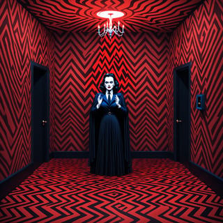 Twin peaks, fwwm, lynch, psychedelic, haunting, creepy, twin peaks black lodge, best quality, Fizzlespell style ,CartooNuclear Meltdown style