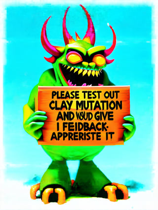 A cool monster guy holding a sign that says, "PLEASE TEST OUT ((CLAY MU TA TION)) AND GIVE FEEDBACK I WOULD APPRECIATE IT!" Huge sign easy to read, flawless spelling, clear and precise, make sure you spell CLAY MUTATION correctly enhance focus on that detail being precise,Claymutation