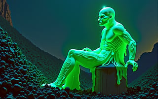 A toxic waste mutant goop man made up of ooze and slime instead of skin, he is glowing irradiated bioluminescent neon green, alone atop a mountain of garbage, in a trash landfill, staring off into the distsnce while sitting on a makeshift throne of junk, surveying his kingdom of garbage, rich hot vibrant radiant excellent colorization, toxic crusaders influence style