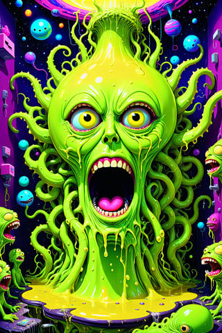 A blob of teeth eyes and claws and hair waving a thousand tendril arms like a lunatic, a giant monolithic obelisk covered in screaming silly exaggerated expressions faces of all kinds, toilets the size of planets overflowing neon yellow glowing liquid that has millions of naked piss sluts women floating in suspended animation, psychedelic insanity style 