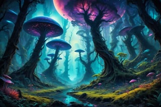 A cosmic landscape scene of an alien overgrown creepy forest lurking trees magical world, vivid rich colors, ancient abandoned unkown jungle alien ruins, colorful enchantee mystical forest world, crazy psychedelic auroras in star filled twilight sky, skeletal otherworldly trees and vines bushes, flowing glowing bioluminescent rivers, huge looming ancient world trees that defy comprehension, psychedelic colorscape, best quality, perfect detail, vivid color saturation, masterpiece, absurdres, Psychedelic alien worlds, sprawling cosmic colorscapes, ultra-detailed, intricate, elaborate, vivid, radiant, vibrant, smooth, no humans, glowing arcane magical forest world lush vivid vibrant alien planet, (forest jungle not swamp fungal),Psychedelic alien worlds ,Sprawling cosmic colorscapes 