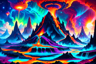 A cosmic landscape scene of an alien melty ooze magma slime geyser ooze volcano magical world, vivid rich colors, ancient abandoned unkown alien ruins, colorful goo slime ooze inferno world, close in orbit to a giant crazy star, crazy psychedelic auroras in star filled twilight sky, gushing goo geysers, flowing melty magma ooze rivers, huge looming slime spouting volcanic structures that defy comprehension, psychedelic colorscape, best quality, perfect detail, vivid color saturation, masterpiece, absurdres, Psychedelic alien worlds, sprawling cosmic colorscapes, ultra-detailed, intricate, elaborate, vivid, radiant, vibrant, smooth, no humans, partially anatomic ooze planet,Psychedelic alien worlds ,Sprawling cosmic colorscapes 