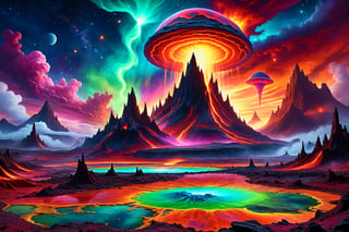 A cosmic landscape scene of an alien melty ooze magma slime geyser ooze volcano magical world, vivid rich colors, ancient abandoned unkown alien ruins, colorful goo slime ooze inferno world, close in orbit to a giant crazy star, crazy psychedelic auroras in star filled twilight sky, gushing goo geysers, flowing melty magma ooze rivers, huge looming slime spouting volcanic structures that defy comprehension, psychedelic colorscape, best quality, perfect detail, vivid color saturation, masterpiece, absurdres, Psychedelic alien worlds, sprawling cosmic colorscapes, ultra-detailed, intricate, elaborate, vivid, radiant, vibrant, smooth, no humans, partially anatomic ooze planet,Psychedelic alien worlds ,Sprawling cosmic colorscapes 