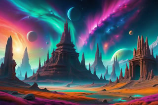 A cosmic landscape scene of an alien world with vivid rich colors and ancient alien temple ruins, colorful world, crazy auroras in star filled sky, skeletal spires spiraling, psychedelic colorscape, cosmic creatures, best quality, perfect detail, vivid color saturation, masterpiece, absurdres, Psychedelic alien worlds, sprawling cosmic colorscapes ,Psychedelic alien worlds ,Sprawling cosmic colorscapes 