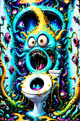 a secret comical outlandish wacky weird whimsical horrifying nightmarish wonderland exists underneath your toilet, a magical enchanted potty toilet bathroom themed psychedelic underground world, fantastical exaggerated excessive elaborate eccentric trippy toilet cartoon toon world, multitudes tons hundreds thousands of various toilet potty themed little goofy strange critters and mean looking tough tiny monster guys and hundreds of creatures with toilet bathroom physical features, crowded composition, the entire goofy wild underground toilet town is ultra psychedelic vivid colored crazy cartoon excessive exaggerated outlandish over the top style with influence from things such as the mask, the maxx, the tick, jim henson creature workshop, tim burton animation, Digimon, toxic crusaders, street sharks, aeon flux, kablam!, and ahh real monsters, all in the most ultra-detailed psychedelic insanity InsaniToon art style, ultra-detailed, absurdres, best quality, hypersurrealism, comical goofy whimsical funny wacky weird creepy quirky strange unsettling unnerving hilarious stupid toilet cartoon wonderland, through the drain pipe follow the yellow critter down swirl around and around until you end up in flushworld under the ground a psychedelic place thats oh so profound!, InsaniToon art style, Psychedelic Insanity style, psychedelic sprawling potty cosmic toilet colorscape