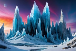 A cosmic landscape scene of an alien arctic frost bitten glacial shimmering frost ice magical world, vivid rich colors, ancient abandoned unkown vast frozen icy alien city ruins, colorful crazy eternal winter crystalline glass ice world, close in orbit to a giant crazy star in the sky, crazy psychedelic auroras in star filled twilight snowy sky, perhaps strange aliens or creatures completely frozen petrified like stone but ice encapsulated, celestial frozen reflective lake, huge jagged wacky ice crystal glass structures that defy comprehension, psychedelic colorscape, best quality, perfect detail, vivid color saturation, masterpiece, absurdres, Psychedelic alien worlds, sprawling cosmic colorscapes, ultra-detailed, intricate, elaborate, vivid, radiant, vibrant, smooth, no humans, frostscape, glacier glass crystal frost ice world, giant shards piercing the heavens, fog, mist, eerie, supernatural, haunting, ethereal ,Psychedelic alien worlds 