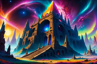 A cosmic landscape scene of an alien world with vivid rich colors and ancient alien temple ruins, colorful world, crazy auroras in star filled sky, skeletal spires spiraling, psychedelic colorscape, cosmic creatures, best quality, perfect detail, vivid color saturation, masterpiece, absurdres, Psychedelic alien worlds, sprawling cosmic colorscapes ,Psychedelic alien worlds ,Sprawling cosmic colorscapes 