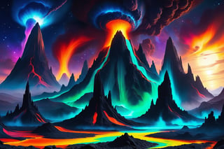 A cosmic landscape scene of an alien melty ooze magma slime geyser ooze volcano magical world, vivid rich colors, ancient abandoned unkown alien ruins, colorful goo slime ooze inferno world, close in orbit to a giant crazy star, crazy psychedelic auroras in star filled twilight sky, gushing goo geysers, flowing melty magma ooze rivers, huge looming slime spouting volcanic structures that defy comprehension, psychedelic colorscape, best quality, perfect detail, vivid color saturation, masterpiece, absurdres, Psychedelic alien worlds, sprawling cosmic colorscapes, ultra-detailed, intricate, elaborate, vivid, radiant, vibrant, smooth, no humans, partially anatomic ooze planet,Psychedelic alien worlds ,Sprawling cosmic colorscapes 