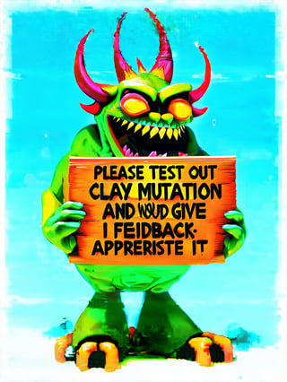 A cool monster guy holding a sign that says, "PLEASE TEST OUT ((CLAY MU TA TION)) AND GIVE FEEDBACK I WOULD APPRECIATE IT!" Huge sign easy to read, flawless spelling, clear and precise, make sure you spell CLAY MUTATION correctly enhance focus on that detail being precise,Claymutation