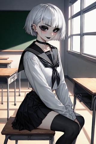 score_9, score_8, score_7, 1girl, solo, big eyes short silver white hair, ear piercing, (blushing), black lipstick, mischievous smile, seductive eyes, (high black stockings), big_boobs, goth, tall, delinquent, black school uniform, choker, bangs on both sides of the face, short skirt, mouth closed, (looking at viewer), indoor, (empty classroom background), seating on school desk, viewed_from_side, dimly lit, sagawa, scenery, black eyes, bob hairstyle, detailed character, thick eyeliner,school uniform