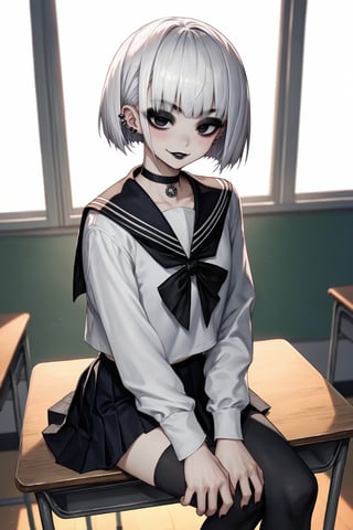 score_9, score_8, score_7, 1girl, solo, big eyes short silver white hair, ear piercing, blushing, black lipstick, mischievous smile, seductive eyes, (high black stockings), big_boobs, goth, tall, delinquent, black school uniform, choker, bangs on both sides of the face, short skirt, mouth closed, (looking at viewer), indoor, (empty classroom background), seating on school desk, viewed_from_side, dimly lit, sagawa, scenery, black eyes, bob hairstyle, detailed character, thick eyeliner,school uniform