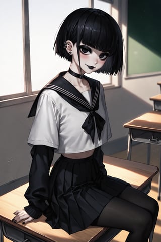 score_9, score_8, score_7, 1girl, solo, big eyes short silver hair, ear piercing, blushing, black lipstick, mischievous smile, seductive eyes, black high tights big_boobs, goth, tall, delinquent, black school uniform, choker, bangs on both sides of the face, short skirt, mouth closed, (looking at viewer), indoor, (empty classroom background), seating on school desk, viewed_from_side, dimly lit, sagawa, scenery, black eyes, bob hairstyle, detailed character, thick eyeliner, wide body