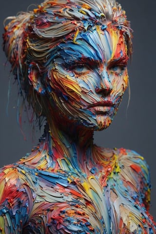 All Paint is thick and rainbow colors, multiple layers of long flowing strokes of acrylic paint, 4k, a sensual blonde woman covered in thick paint strokes, Elisha Cuthbert face coverd in paint, she is looking sensually at the viewer, (her eyes are directed at the viewer:1.2), large breasts covered in paint, every curve of her body is accentuated by the thick paint brush strokes, face covered in paint, hips covered in paint, legs covered in long sensual paint strokes, shoulders and arms covered in vibrant paint, (full_body:1.2),covered with ais-acrylicz