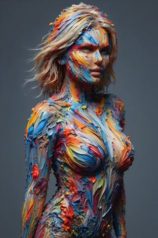 All Paint is thick and rainbow colors, multiple layers of long flowing strokes of acrylic paint, 4k, a sensual blonde woman covered in thick paint strokes, Elisha Cuthbert face coverd in paint, she is looking sensually at the viewer, (her eyes are directed at the viewer:1.2), large breasts covered in paint, every curve of her body is accentuated by the thick paint brush strokes, face covered in paint, hips covered in paint, legs covered in long sensual paint strokes, shoulders and arms covered in vibrant paint, (full_body:1.2),covered with ais-acrylicz