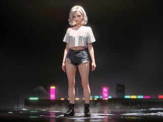 SkpFace, Solo. Woman, realistic, wearing combat boots,  shor shorts, croped shirt, fullbody_shot, perfect face, cute eyes, looking at viewer,  

((standing, neon lights, glowing in the dark, night time style, fog:1.4, city scape, black dark background, (cold colors), damp, moist, reflections, (masterpiece) (perfect proportion), (realistic photo), (best quality), (detailed), (amoled neon lighting), (sharp focus) (intricate), Neon Light,neon photography style)),photorealistic