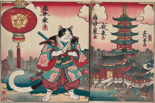 far away floating chinese lantern airship, standing cat samurai, solo, Ukiyo-e  chinese temple skyscrapers, colorful