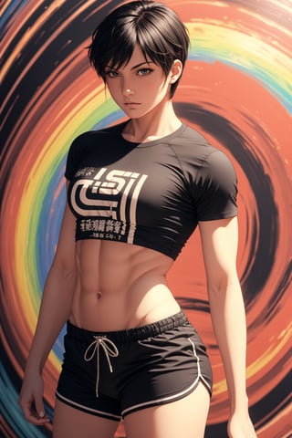 1boy, solo, Sanae Sawamura, oil painting, impasto, looking at viewer, a tomboy woman, 19 years old, very short spiky black hair, (shaved on the sides haircut), grey eyes, urban psychedelic outfit, tomboy focus, athletic body, marked muscles,  ripped abs, black_t-shirt, red_baggy_shorts, psychedelic  background, masterpiece, nijistyle, niji, ,sciamano240, soft shading, Sanae Sawamura,1girl,1 girl