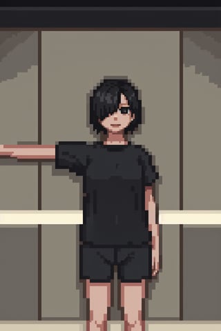 masterpiece, best quality, 1girl, black hair, short hair, hair over one eye, black shirt, short sleeve, black yoga short, inside elevator, dimly lit, dark, scary, masterpiece, best quality, Pixel art