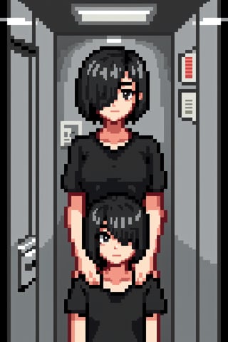 masterpiece, best quality, 1girl, black hair, short hair, hair over one eye, black shirt, short sleeve, black yoga short, inside elevator, dimly lit, dark, masterpiece, best quality, Pixel art