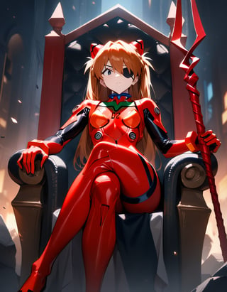 1girl, souryuu asuka langley, neon genesis evangelion, rebuild of evangelion, lance of longinus, cat hat, plugsuit, pilot suit, red bodysuit, sitting, crossed legs, black eye patch, throne, looking down, from bottom, looking at viewer, outdoors, masterpiece, best quality, very aesthetic, absurdres
