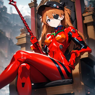 1girl, souryuu asuka langley, neon genesis evangelion, rebuild of evangelion, lance of longinus, cat hat, plugsuit, pilot suit, red bodysuit, sitting, crossed legs, black eye patch, throne, looking down, from bottom, looking at viewer, outdoors, masterpiece, best quality, very aesthetic, absurdres
