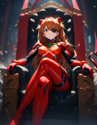 1girl, souryuu asuka langley, neon genesis evangelion, rebuild of evangelion, lance of longinus, cat hat, plugsuit, pilot suit, red bodysuit, sitting, crossed legs, black eye patch, throne, looking down, from bottom, looking at viewer, outdoors, masterpiece, best quality, very aesthetic, absurdres
