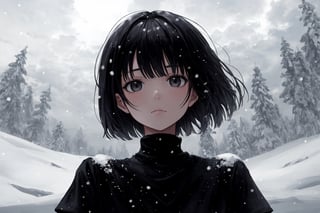 masterpiece, high quality, highres, 1girl, solo, slim, black hair, bobcut, bangs, black eyes, closed mouth, monochromatic clothing theme color, black shirt, short sleeves, turtleneck, headshot portrait, closeup, from front, standing up, outside, snowing, snow, snowforest, cold lighting, daytime, cloudy_sky, cloud_scape