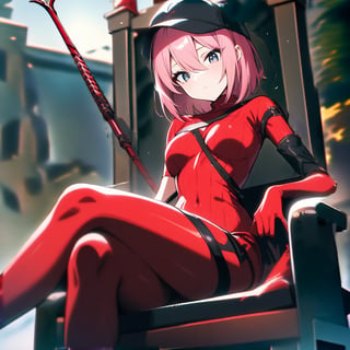 1girl, souryuu asuka langley, neon genesis evangelion, rebuild of evangelion, lance of longinus, cat hat, plugsuit, pilot suit, red bodysuit, sitting, crossed legs, black eye patch, throne, looking down, from bottom, looking at viewer, outdoors, masterpiece, best quality, very aesthetic, absurdres
