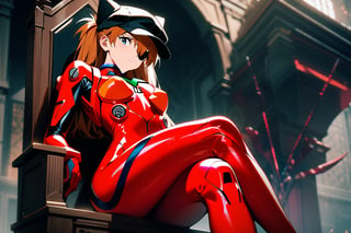 1girl, souryuu asuka langley, neon genesis evangelion, rebuild of evangelion, lance of longinus, cat hat, plugsuit, pilot suit, red bodysuit, sitting, crossed legs, black eye patch, throne, looking down, from bottom, looking at viewer, outdoors, masterpiece, best quality, very aesthetic, absurdres
