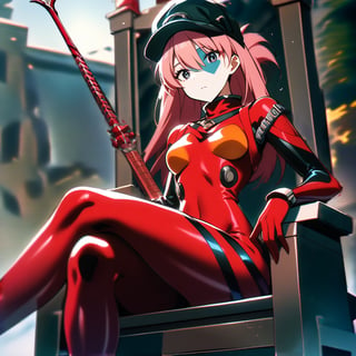 1girl, souryuu asuka langley, neon genesis evangelion, rebuild of evangelion, lance of longinus, cat hat, plugsuit, pilot suit, red bodysuit, sitting, crossed legs, black eye patch, throne, looking down, from bottom, looking at viewer, outdoors, masterpiece, best quality, very aesthetic, absurdres
