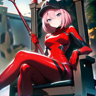 1girl, souryuu asuka langley, neon genesis evangelion, rebuild of evangelion, lance of longinus, cat hat, plugsuit, pilot suit, red bodysuit, sitting, crossed legs, black eye patch, throne, looking down, from bottom, looking at viewer, outdoors, masterpiece, best quality, very aesthetic, absurdres
