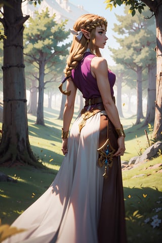 Princess Zelda from the video game The Legend of Zelda, the heroine of the story, dressed in her signature battle attire. She stands confidently in the center of the frame, her back against a lush green forest. The princess wears a sleeveless, deep purple top that accentuates her toned arms, and a long, flowing skirt of the same color. Around her waist, she has a brown leather belt with a gold buckle, which holds her sword and a small dagger. Her long, golden hair cascades down her back in soft waves, framing her delicate features. Her eyes are determined and focused, reflecting her courage and strength as she prepares for battle. Zelda's battle boots are visible beneath her flowing skirt, adding an element of practicality to her regal attire. The forest behind her is filled with towering trees and vibrant foliage, creating a stunning backdrop for her heroic pose, princess zelda, hair ribbon, twpr