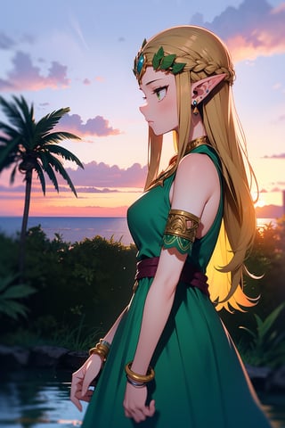 1girl, solo, long hair, breasts, bangs, blonde hair, hair ornament, dress, holding, bare shoulders, jewelry, medium breasts, closed mouth, green eyes, standing, braid, sidelocks, earrings, outdoors, sky, sleeveless, pointy ears, cloud, water, bracelet, from side, profile, sleeveless dress, plant, armlet, green dress, sunset, princess zelda,portrait, twpr