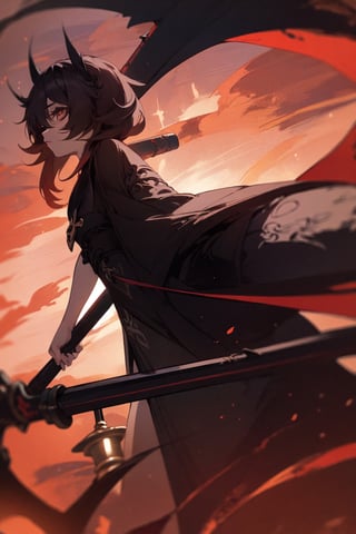 ((the best quality)), (ultra-detailed), ((extremely detailed)), 4K, (8K),Create a grimm reaper with a scythe, scary looking, 1girl,hutaodark mood, lighted by torches.,DarkTheme,xyzabcplanet,hutao_genshin, sunset