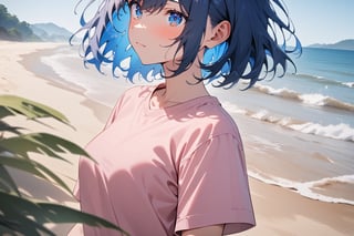 1girl, short hair, blue hair, blue eyes, pink shirt, short sleeves, upper body, from front, outside, sand, sea, masterpiece, best quality, absurdres, very aesthetic, newest, General