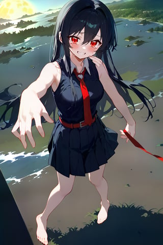 (score_9,score_8_up,score_7_up), flat color, 1girl, Akame, red eyes, black hair, long hair, hair between eyes, medium breasts, black school uniform, sleeveless, bare shoulders, red necktie, pleated skirt, red belt, bare feet, standing, from above, grass, lake, blue sky, complex background, landscape, night sky, full moon, night light, backlighting, dark background