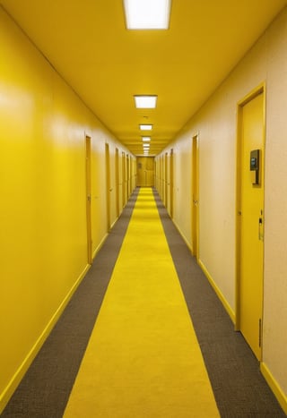 Endless yellow hallways, fluorescent lighting, moist carpet, liminal space, eerie atmosphere, hyper-realistic, 8k resolution, wide-angle lens



