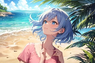 masterpiece, best quality, 1girl, short hair, blue hair, blue eyes, pink shirt, short sleeves, upper body, outside, sand, sea