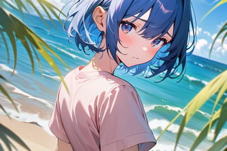 1girl, short hair, blue hair, blue eyes, pink shirt, short sleeves, upper body, outside, sand, sea, masterpiece, best quality, absurdres, very aesthetic, newest, General