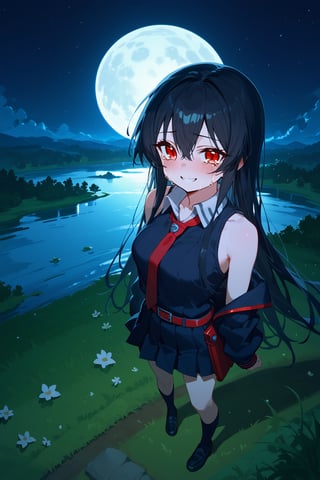 (score_9,score_8_up,score_7_up), flat color, 1girl, Akame, red eyes, black hair, long hair, hair between eyes, medium breasts, black school uniform, sleeveless, bare shoulders, red necktie, pleated skirt, red belt, bare feet, standing, from above, grass, lake, blue sky, complex background, landscape, night sky, full moon, night light, backlighting, dark background