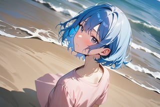 1girl, short hair, blue hair, blue eyes, pink shirt, short sleeves, upper body, outside, sand, sea, masterpiece, best quality, absurdres, very aesthetic, newest, General