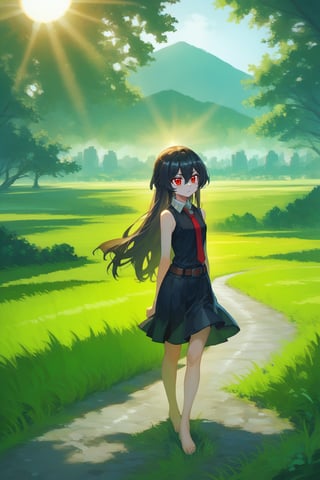 (score_9,score_8_up,score_7_up), wlop, 1girl, Akame, long hair, black hair, red eyes, hair between eyes, skirt, dress, necktie, sleeveless, belt, shirt, black shirt, collared shirt, red necktie, black skirt, barefeet, standing, grass, nature background, landscape, day, sun, sunlight
