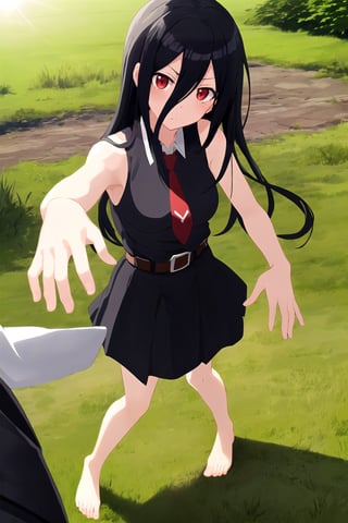 masterpiece, best quality, anime screencap 1girl, Akame, long hair, black hair, red eyes, hair between eyes, skirt, dress, necktie, sleeveless, belt, shirt, black shirt, collared shirt, red necktie, black skirt, barefeet, standing, grass, nature background, landscape, day, sun, sunlight
