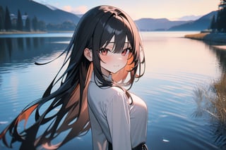 1girl, Kurumi Tokisaki (date a live), lake, [2.5D:7], masterpiece, best quality, highres, newest, very aesthetic, General