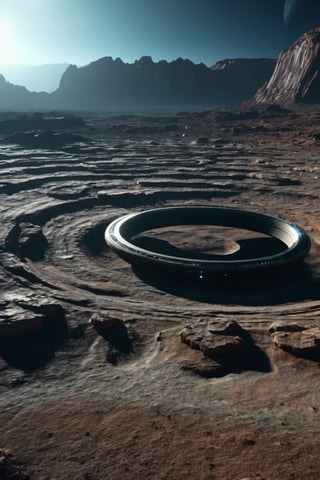 Exoplanet with a ring system, view from the surface, alien landscape with strange rock formations, ring shadows casting on the ground, hyper-detailed, cinematic lighting, 4k quality



