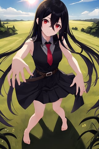 masterpiece, best quality, 1girl, Akame, long hair, black hair, red eyes, hair between eyes, skirt, dress, necktie, sleeveless, belt, shirt, black shirt, collared shirt, red necktie, black skirt, barefeet, standing, grass, nature background, landscape, day, sun, sunlight
